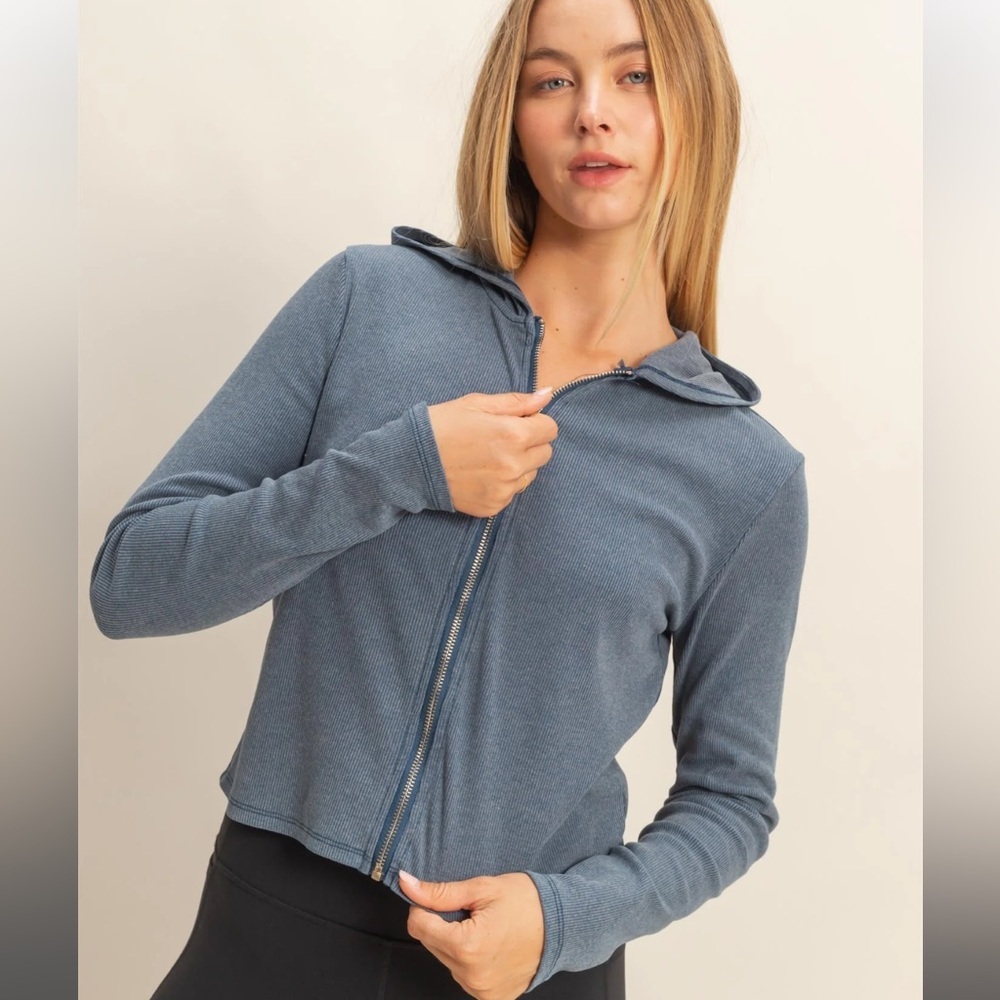 NEW HYFVE Mineral Wash Zip Up Hoodie Blue Fitted Lightweight Lounge Jacket